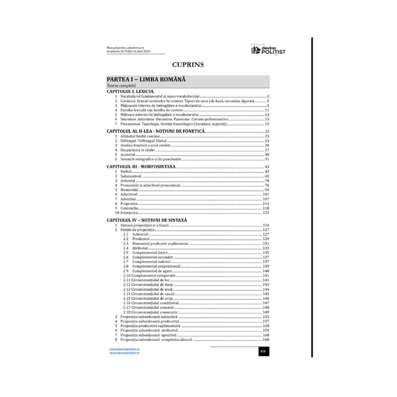Cuprins – pagina 1 – Manual pentru Admiterea în Academia de Poliție în anul 2026