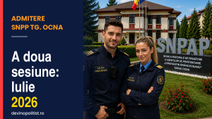 Doi polițiști de penitenciare în fața sediului SNPAP Constantin Brâncoveanu Târgu Ocna – admitere SNPP Târgu Ocna sesiunea a doua, iulie 2026