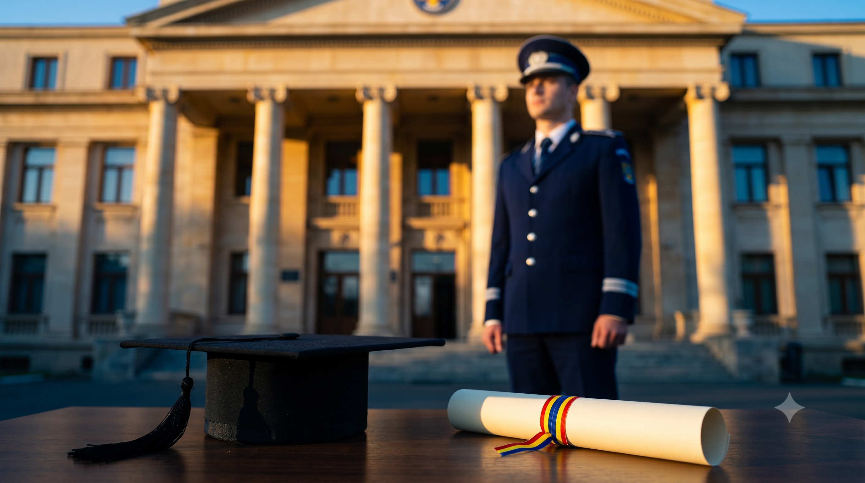 Ofițer de poliție în fața Academiei de Poliție, cu tocă de absolvent și diplomă de licență – admitere master profesional 2026