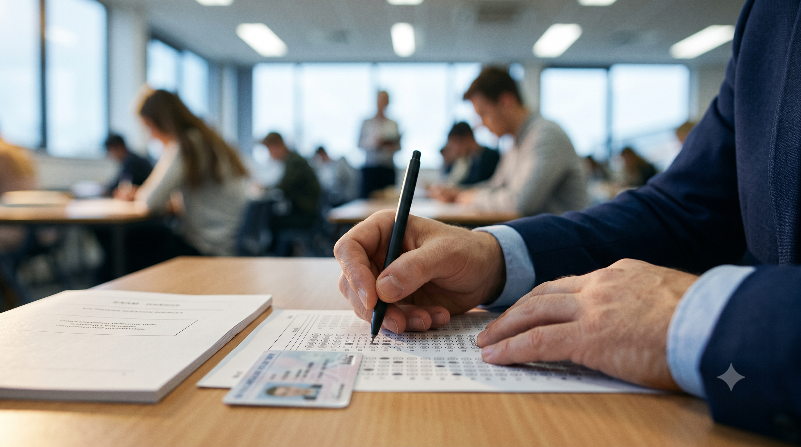 Candidat completând o foaie de examen tip grilă în sala de concurs – proba scrisă la masterul profesional