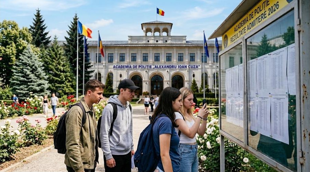 Candidați consultând listele cu rezultatele provizorii la avizier, cu clădirea Academiei de Poliție „Alexandru Ioan Cuza" în fundal – admitere 2026