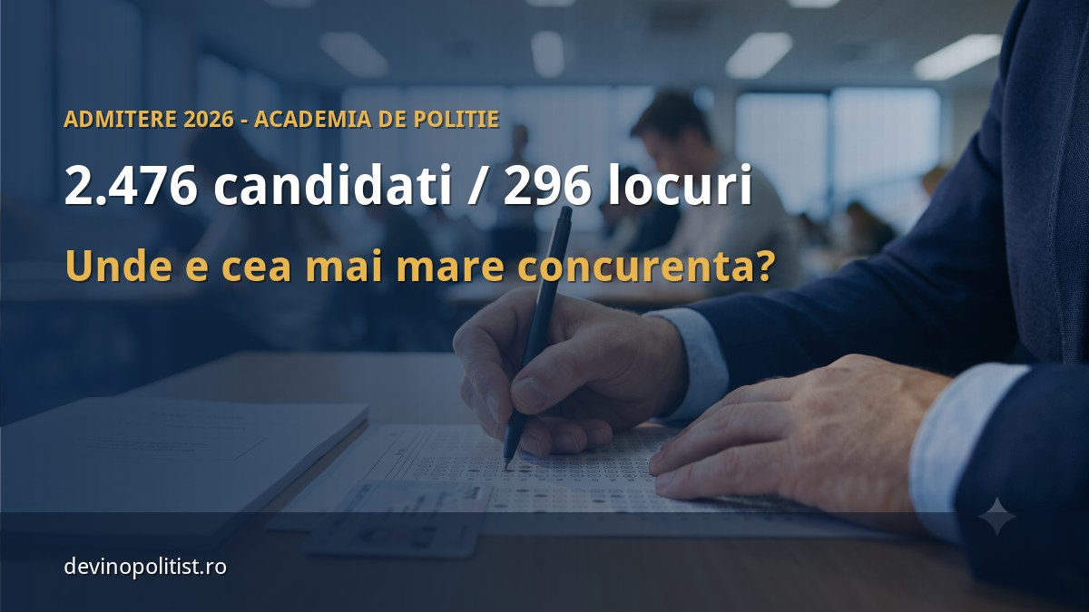 Concurență la admiterea 2026 la Academia de Poliție: 2.476 candidați apți pentru 296 de locuri, cea mai mare fiind la Jandarmi (10,6 pe loc)