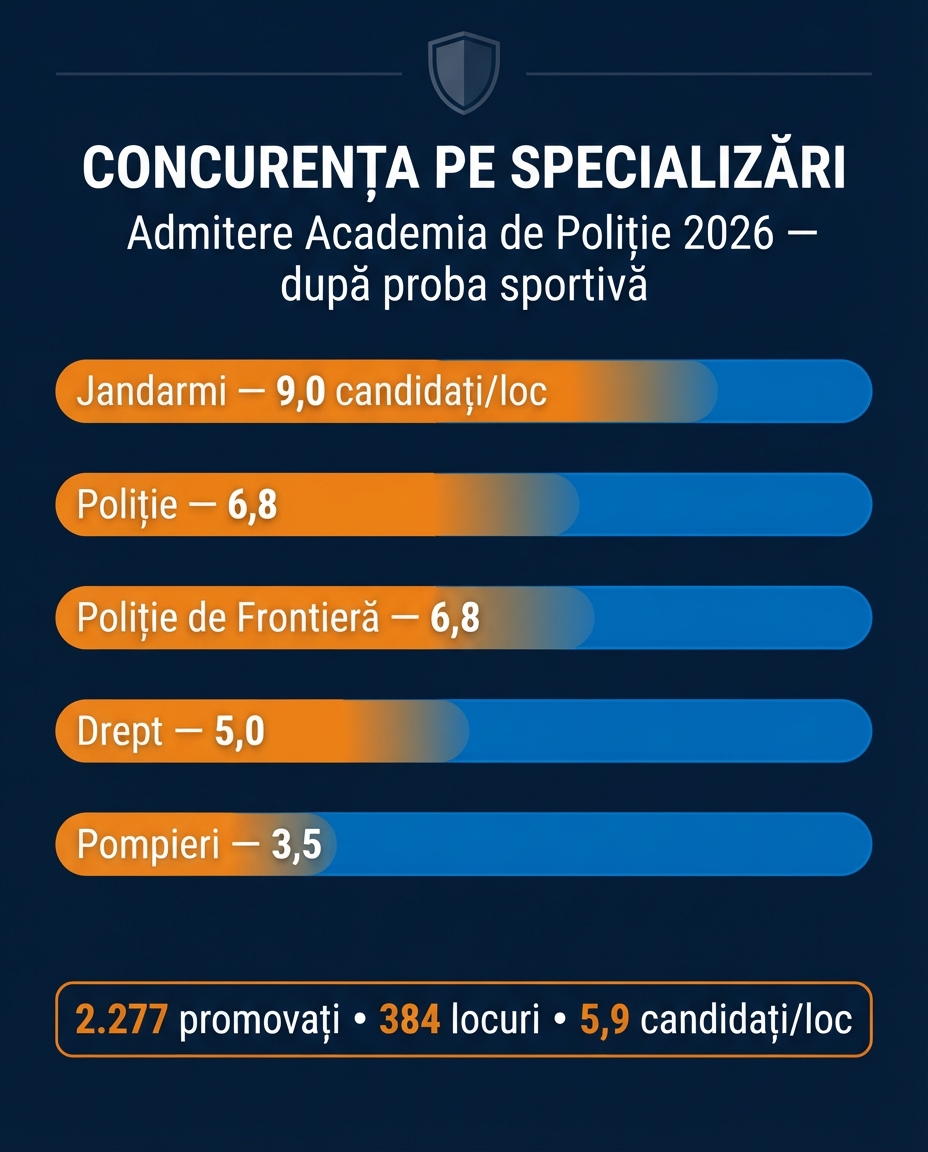 Infografic: concurența pe specializări după proba sportivă — admitere Academia de Poliție 2026