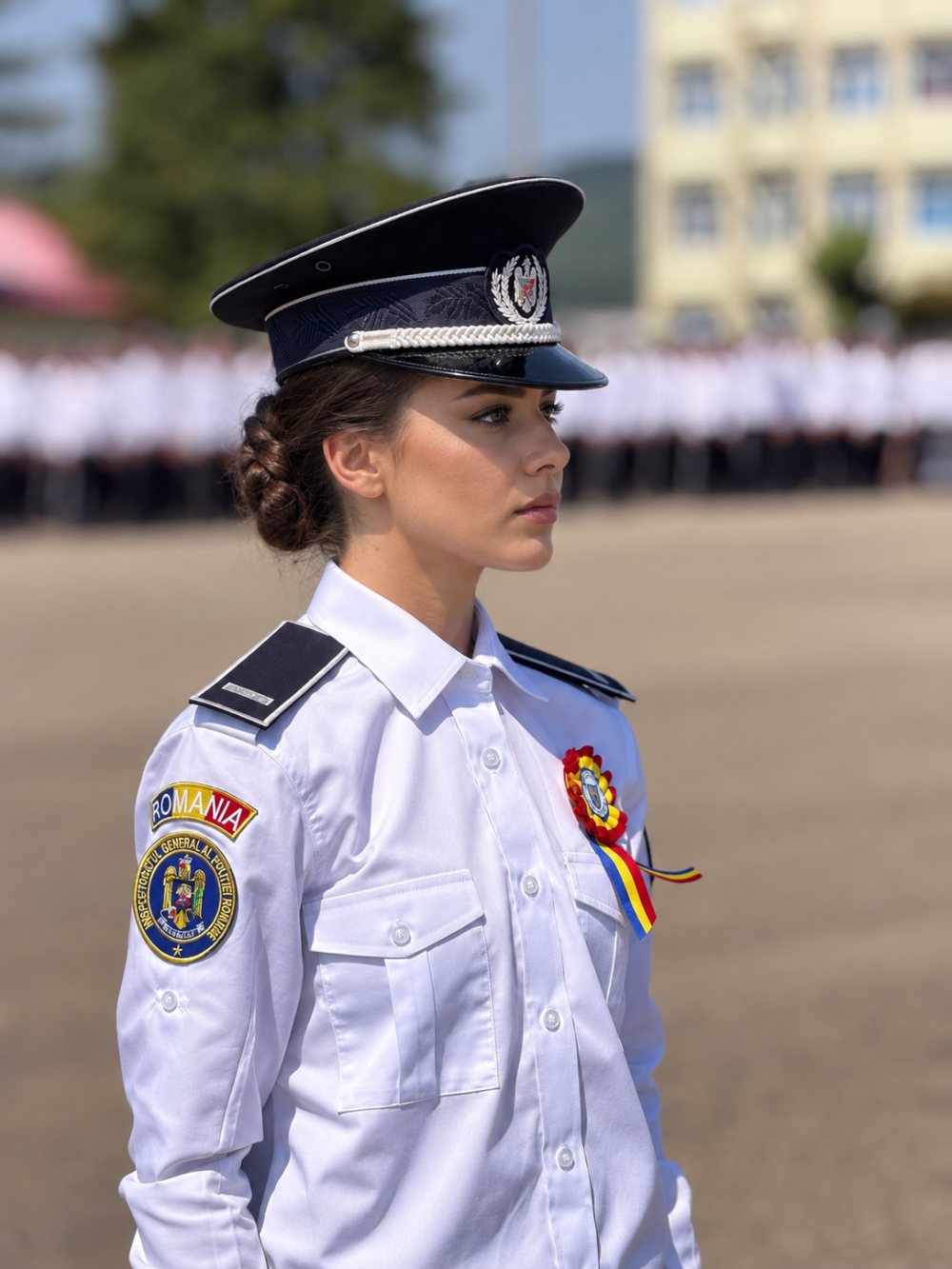 Elevă în uniformă la ceremonia de absolvire a școlii de poliție