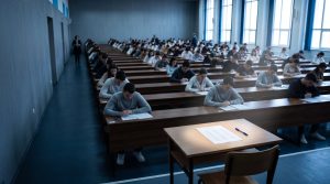 Concurența la școlile MAI în 2026: candidați la proba scrisă într-o sală de examen, cu un loc liber în față