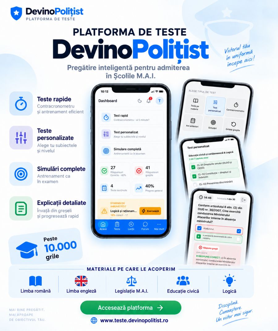 Platforma de teste Devino Polițist — pregătire inteligentă pentru admiterea în Școlile M.A.I.