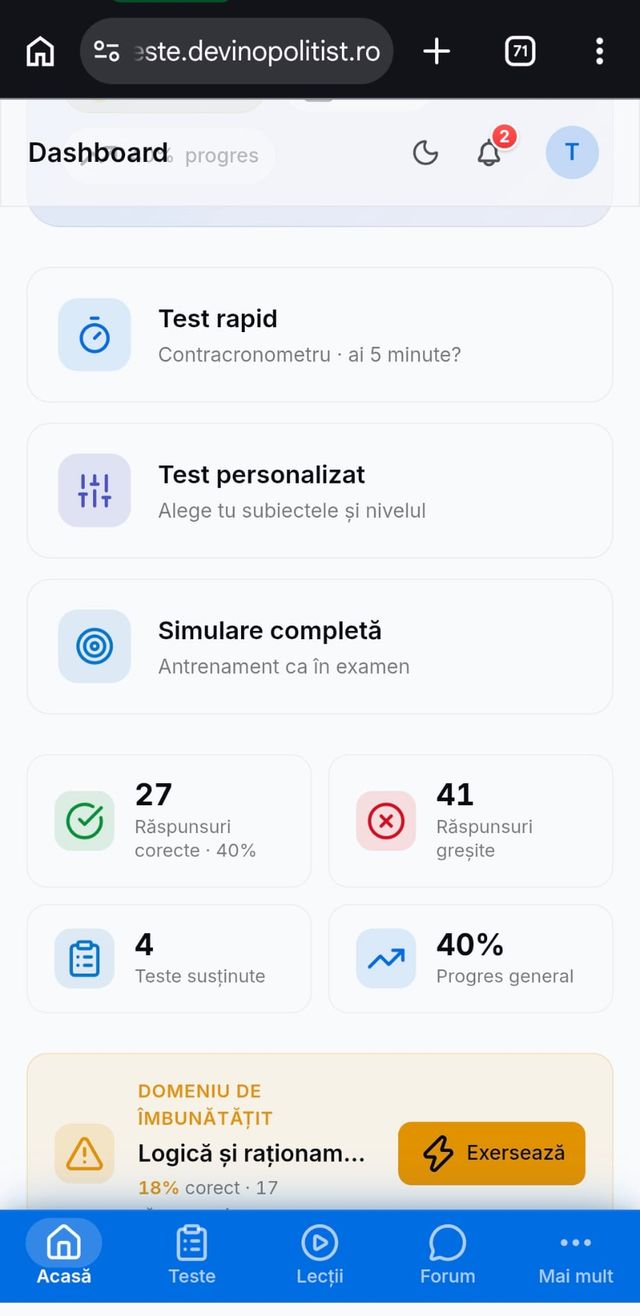 Dashboard cu progres și statistici