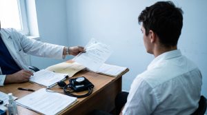 Vizita medicală la admiterea Academia de Poliție 2026 — candidat primind adeverința medicală la unitatea de recrutare