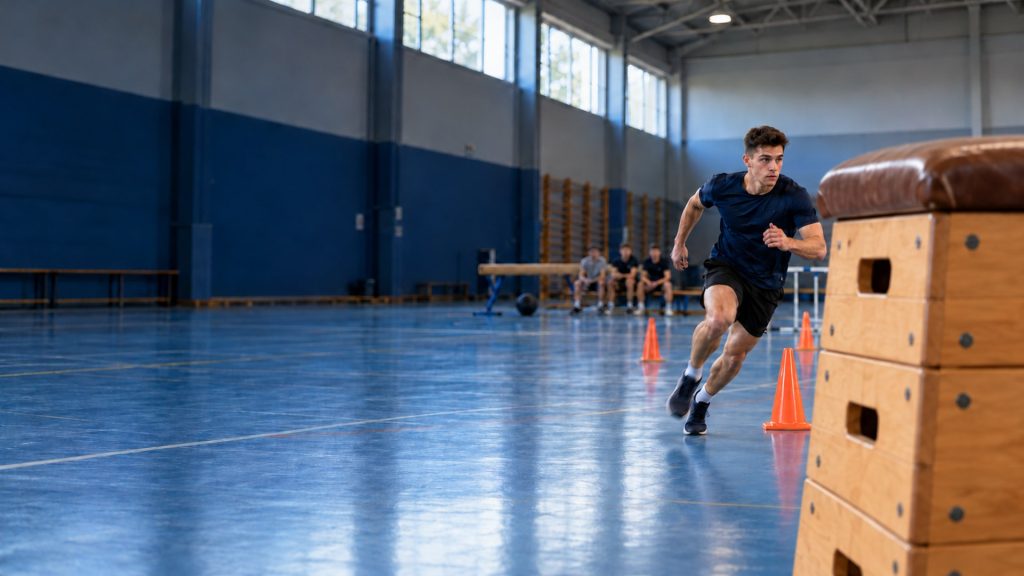 Proba fizică școli MAI 2026: candidat în sala de sport, la slalomul dintre conuri de pe traseul aplicativ