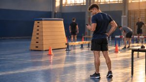 Rezultate proba fizică școli MAI 2026: candidat după traseul aplicativ, într-o sală de sport