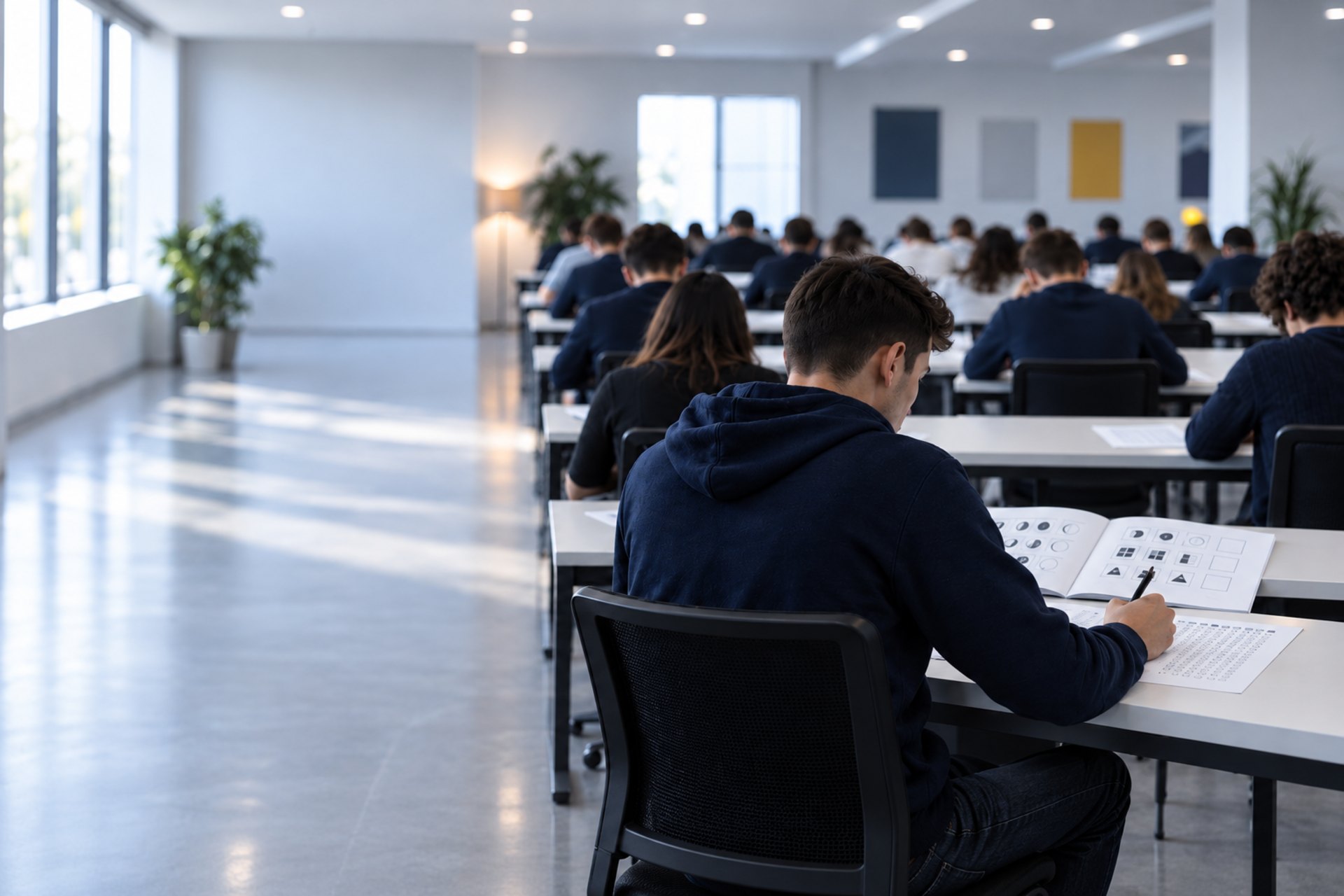 Candidați la testarea psihologică pentru admiterea în școlile M.A.I. 2026, completând foile de test